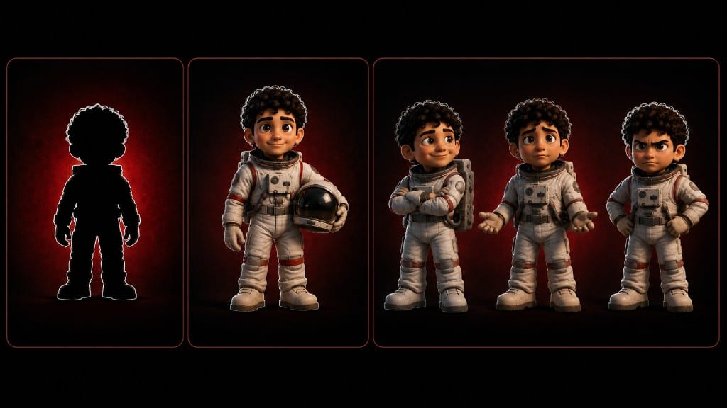 Three-panel sheet with red frames: silhouette with glow, full astronaut boy render, three expression poses