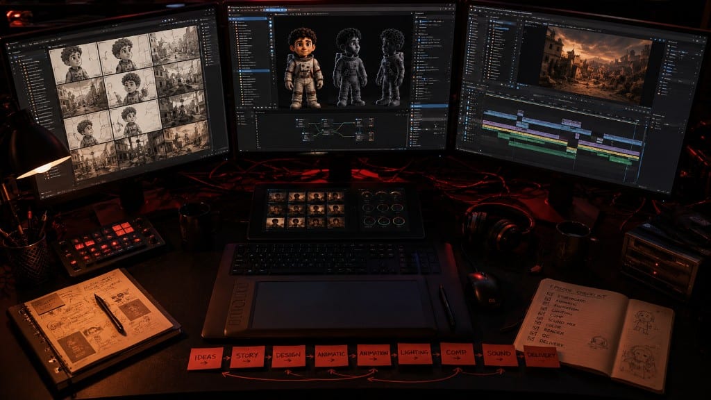 Multi-monitor animation workstation: storyboards, 3D character pipeline, edit timeline, notes and pipeline stickers