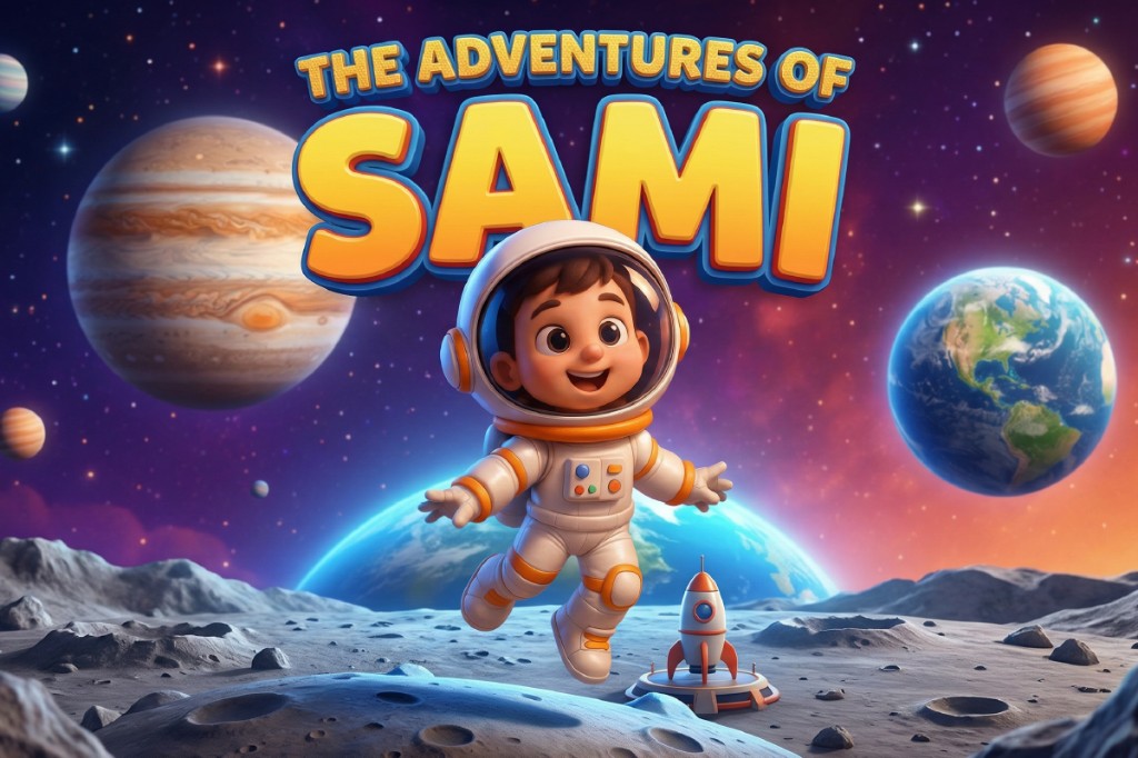 The Adventures of Sami — 3D key art with Sami in a spacesuit floating above the Moon with Earth on the horizon.