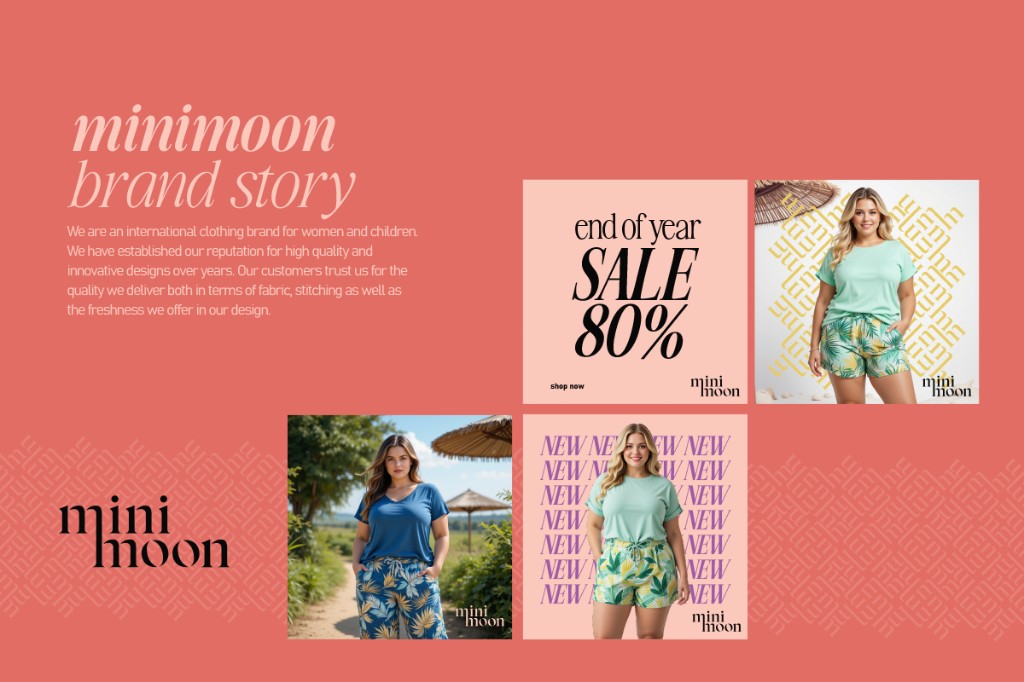 Minimoon brand board — coral brand story, stacked logo, and four-square lifestyle and sale graphics.