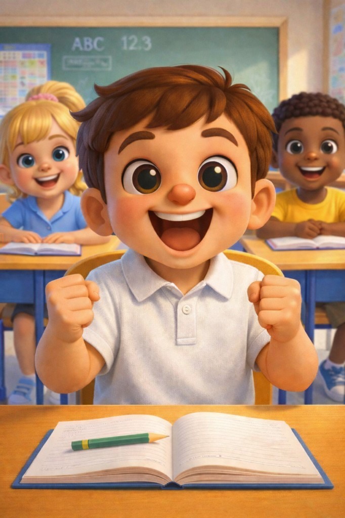 Sami celebrating in class, notebook and pencil on his desk