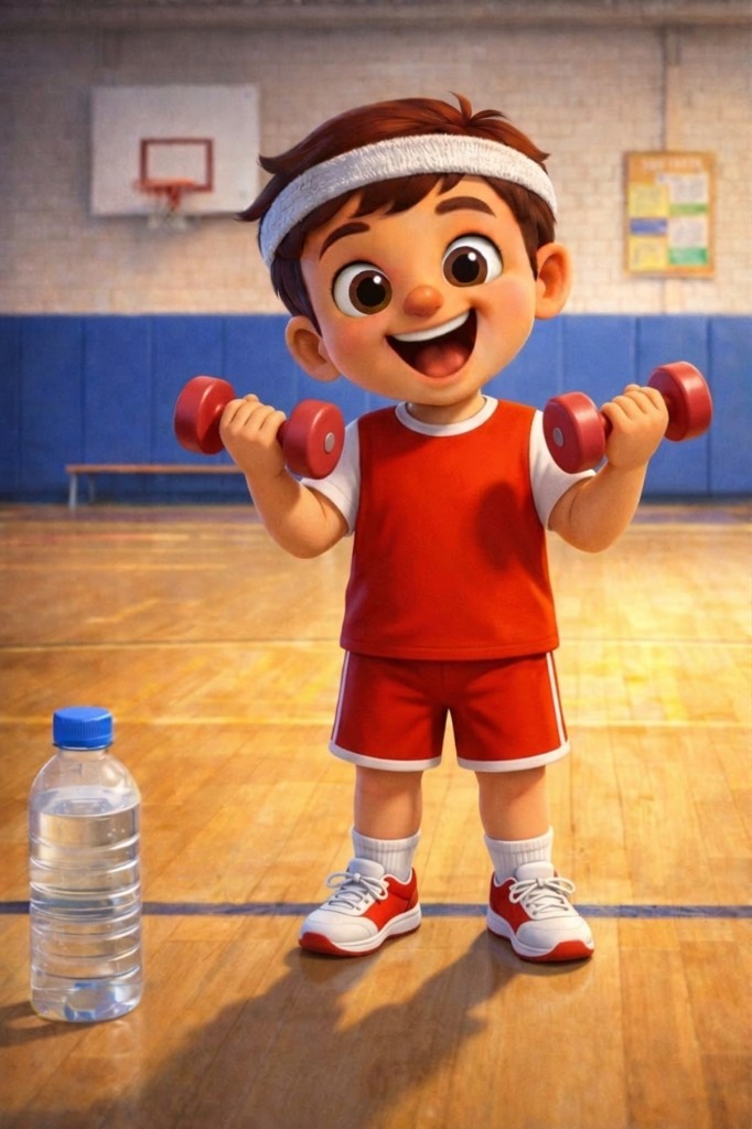 Sami in athletic wear, smiling while exercising in a gym